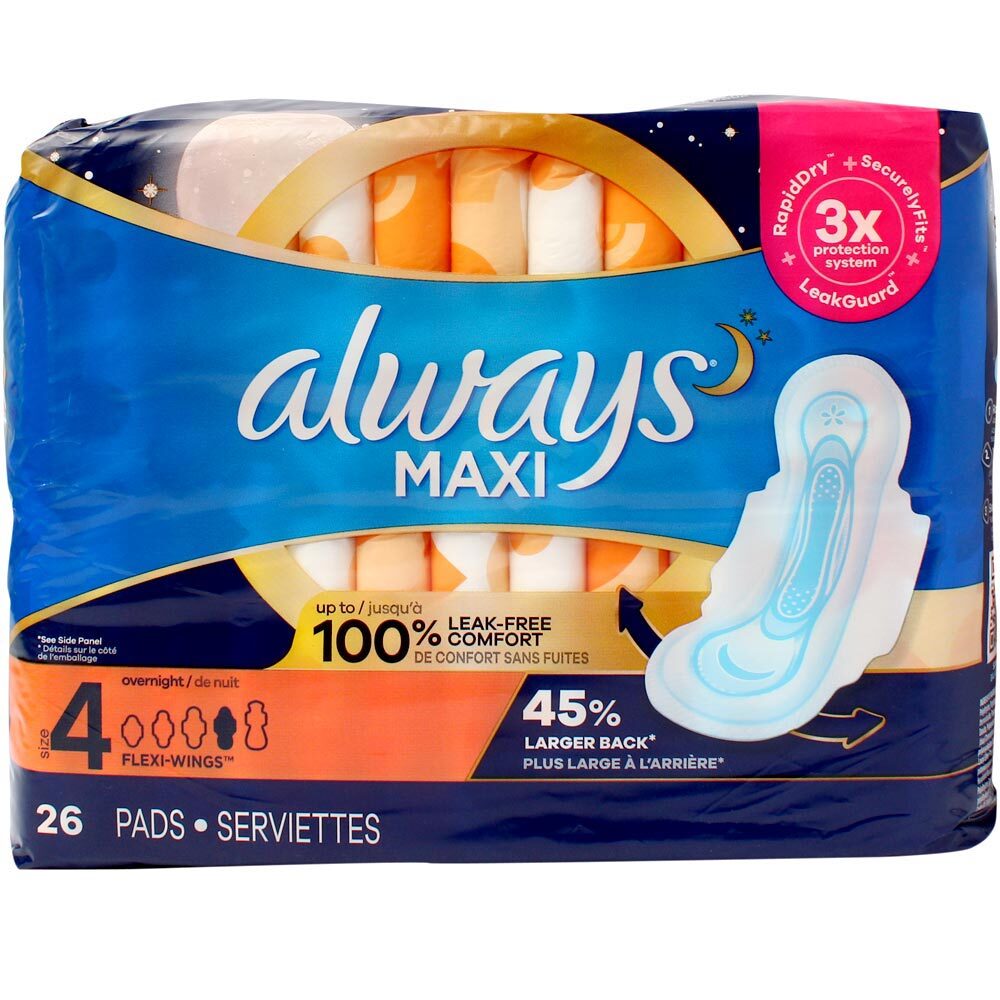 Always Maxi Overnight Pad Wings, 26 Ct